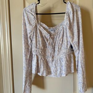 Arizona Pink & White Smocked Peplum Blouse Color-Snowdrift, elastic cinch waist